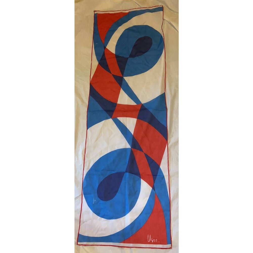 Vintage VERA Neumann Scarf ~ Signed ~ Semi Sheer ~ Made in Japan ~ Red & Blue - Picture 3 of 9